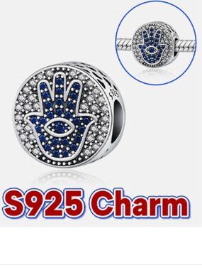 S925 Sterling Silver Round Palm Evil Eye Blue Pendant Charm Protection Bracelet